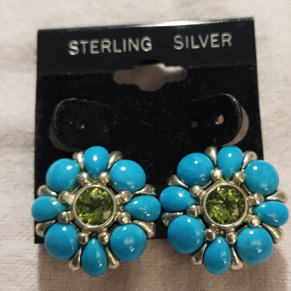 Sterling Silver Carolyn Pollack Turquoise Peridot Flower Clip On Earrings 100$